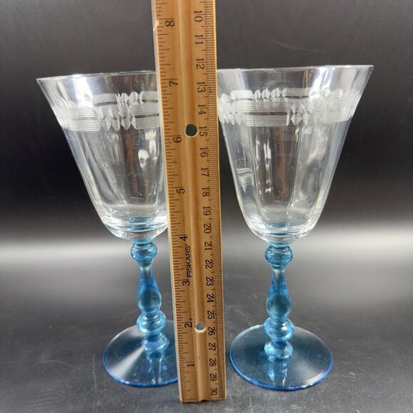 Antique Tiffin Franciscan Tall Blue Stem 2 Glasses Etched Manganese 365nm UV - Picture 5 of 15